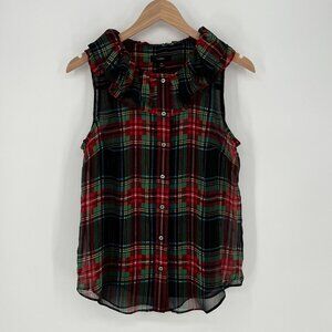 J.Crew Womens Ruffle Plaid Sleeveless Button Up Blouse Size XS Red Green Holiday